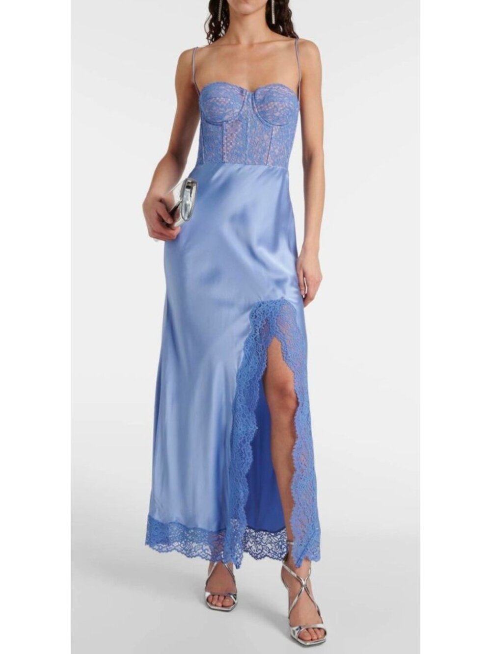 REBECCA VALLANCE Larisa Lace-Trimmed Silk Maxi Slip Dress Blue Size 0 XS